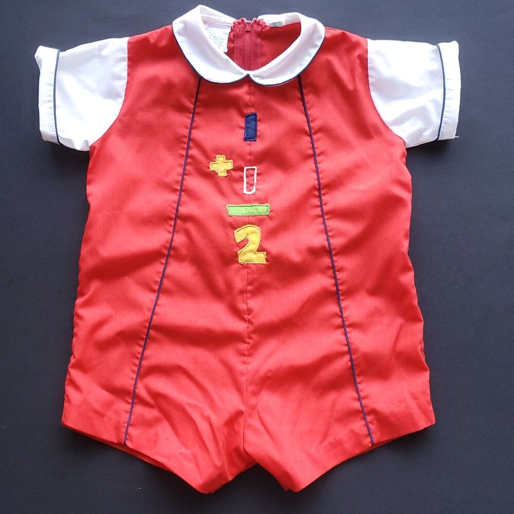 Vintage Baby Boys Romper Size L (12m?) Red White Math School Shorts Onepiece